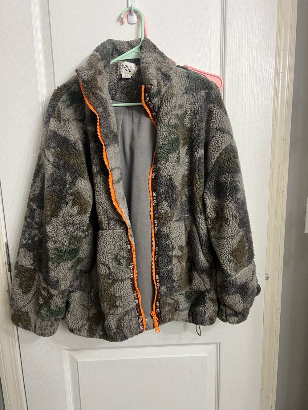 BDG urban outfitters Camo Sherpa Jacket with Orange Trim